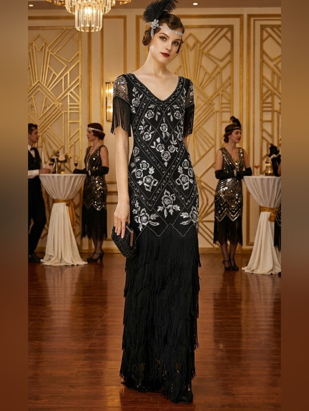 BABEYOND 1920s Black/silver Sequin Fringe Maxi Dress V-Neck Full Zip Sz Medium